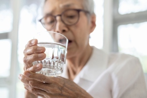 tremor Foto van oudere vrouw met glas water in haar hand.